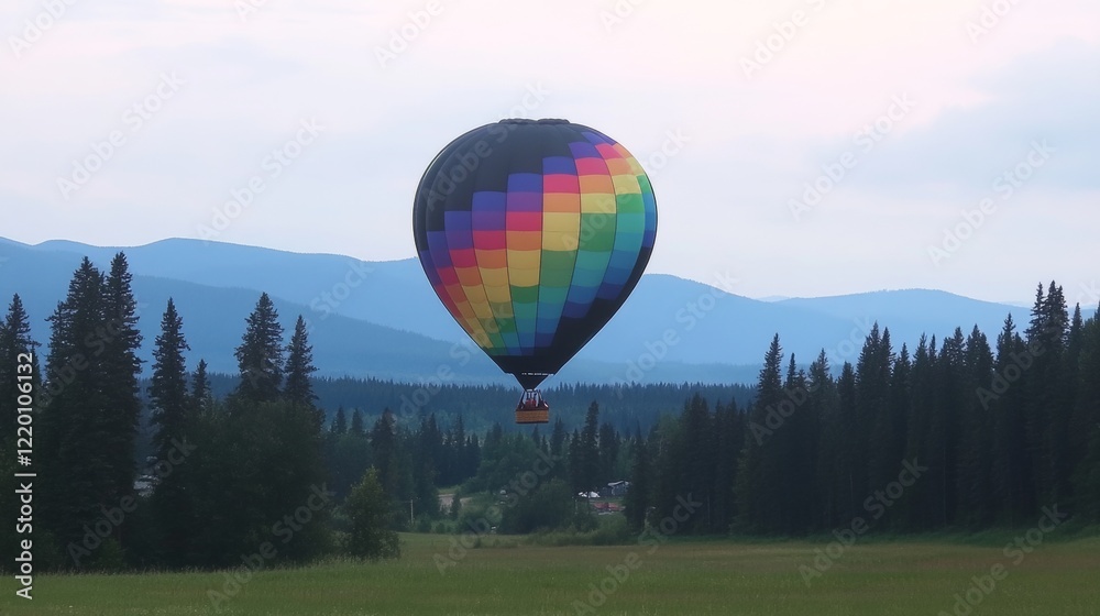 Fototapeta premium Colorful Hot Air Balloon Soaring Over Mountain Forest Landscape