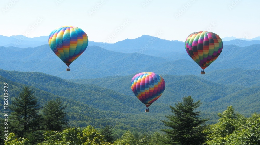 Naklejka premium Colorful Hot Air Balloons Soaring Over Majestic Mountains