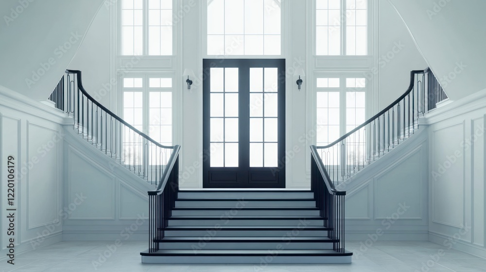 Modern interior design of a staircase in a white room with black and glass double doors, a simple house with a stairway interior concept design. Modern interior design of a staircase in a white room with black and glass double doors, a simple house with a stairway interior concept design.