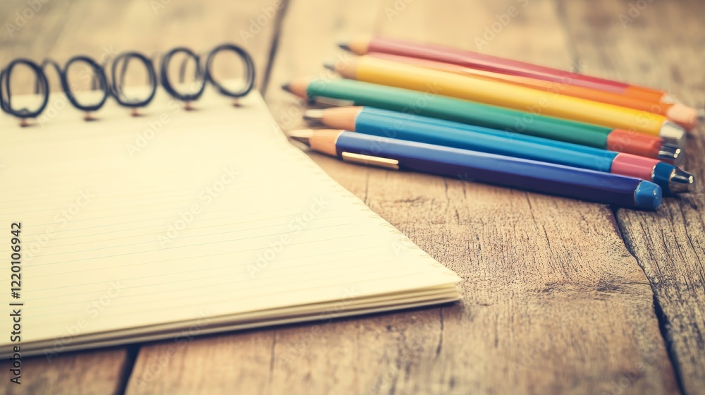 Colorful Pencils and Spiral Notebook on Wood Colorful Pencils and Spiral Notebook on Wood
