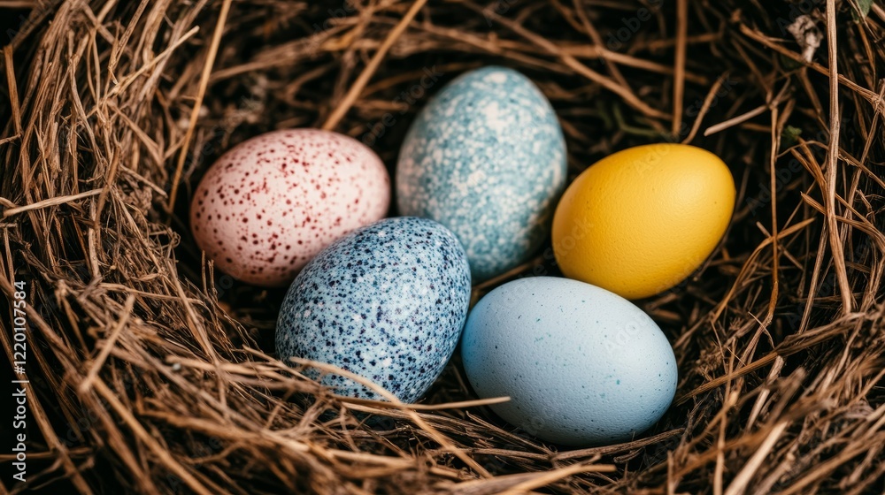Colorful Speckled Easter Eggs in Bird Nest Colorful Speckled Easter Eggs in Bird Nest