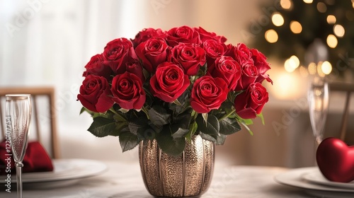 Create an elegant scene featuring a beautifully decorated vase filled with vibrant red roses, placed on a romantic table setting for Valentine's Day.