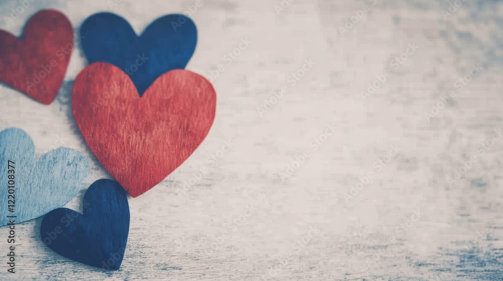 Obraz premium Colorful Wooden Hearts on Rustic Background