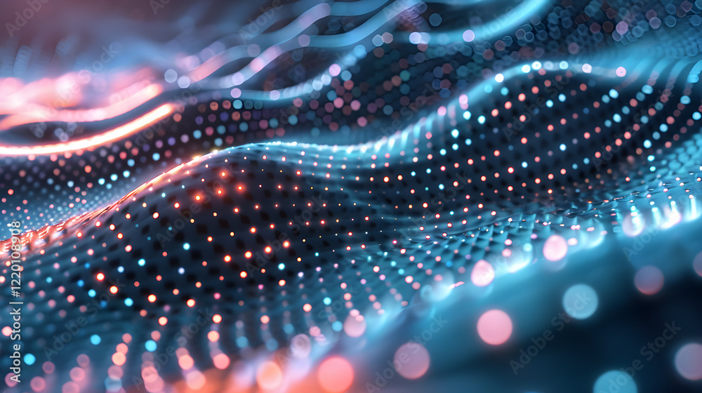 Abstract representation of dynamic waves with glowing particles in a digital space. Abstract representation of dynamic waves with glowing particles in a digital space.