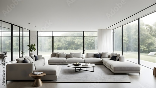 Modern minimalist living room with large sectional sofa and floor-to-ceiling windows overlooking a lush green landscape.