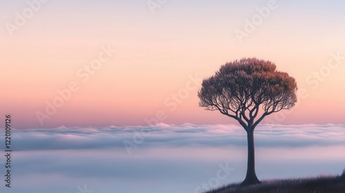 A solitary quiver tree standing tall, framed by soft hues of dusk and subtle cloud patterns fading into the horizon.