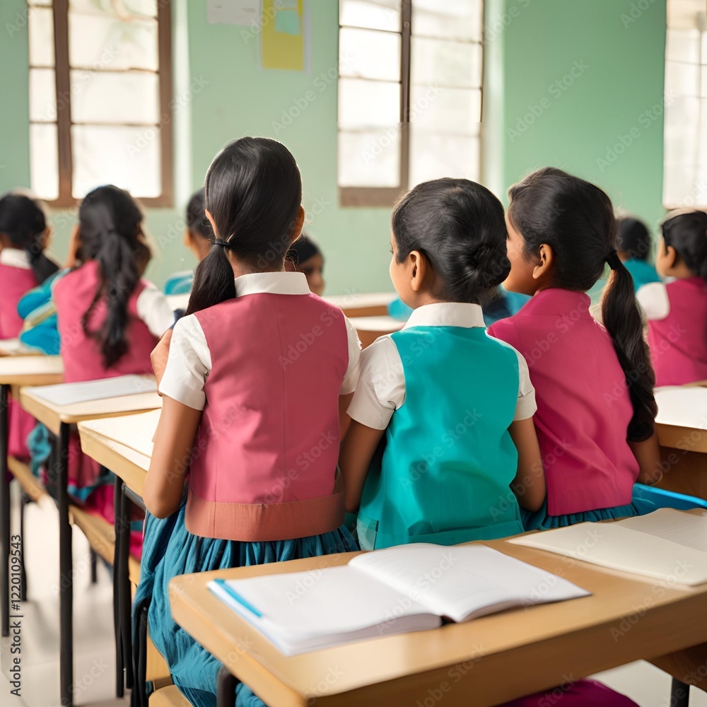 Obraz premium Curious Students: Three Girls Engaged in Class with Their Teacher
