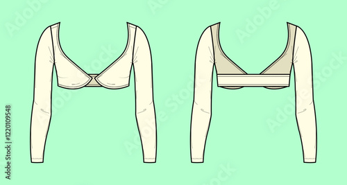 Long sleeve crop top blouse technical apparel fashion flat sketch, outline, CAD, Template, Ladies, Girls, front and back.