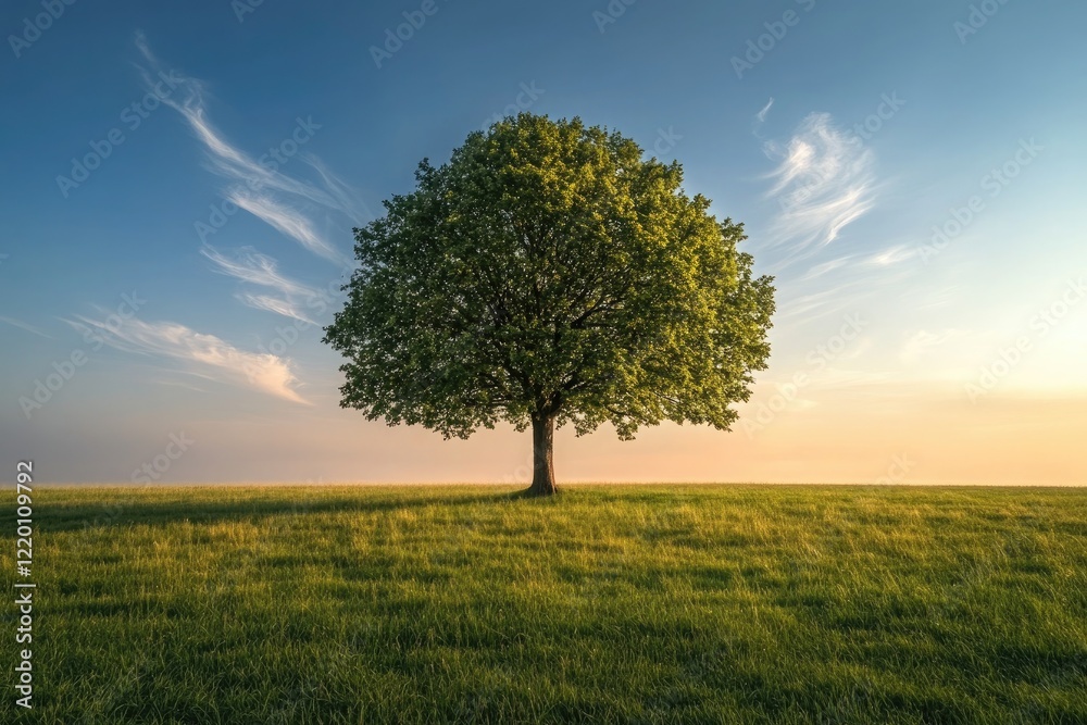 Obraz premium A solitary tree in the center of an expansive, grassy field, standing tall under a soft blue sky, with wisps of clouds and light shadows cast over the fresh, green landscape.