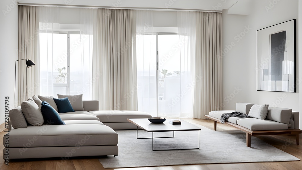 Modern minimalist living room with light beige sectional sofa, wooden daybed, and large windows draped in sheer and linen curtains.