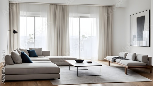 Obraz na płótnie Modern minimalist living room with light beige sectional sofa, wooden daybed, and large windows draped in sheer and linen curtains. w salonie