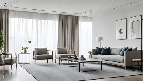 Modern minimalist living room interior with light grey sofa, armchairs, and coffee table, accented by sheer and heavy drapes, and framed abstract art.