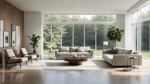 Modern living room interior with light grey sofas, wooden coffee table, and large windows overlooking a lush green landscape.