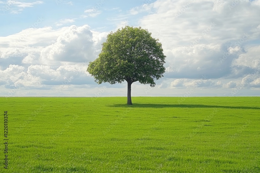 Obraz premium A solitary tree standing in a vast open field, surrounded by bright green grass that stretches endlessly under a partly cloudy sky, giving a sense of freedom and tranquility.