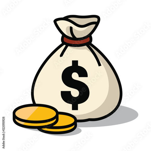 Cartoon illustration of a money bag with coins. A cute and vibrant design featuring a sack filled with gold coins, symbolizing savings. Vector illustration.
