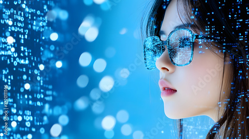 Portrait of a woman with glasses against a blue digital backdrop