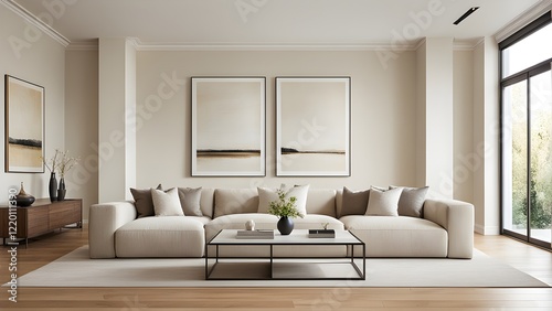 Modern beige sectional sofa with cushions in a minimalist living room featuring artwork and large windows.