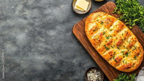 Freshly baked cheesy onion pullapart bread, golden and soft, served on a wooden board with melted butter photo