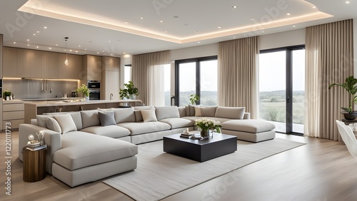 Modern, spacious living room with an expansive U-shaped sectional sofa, open kitchen, and floor-to-ceiling windows offering scenic views.