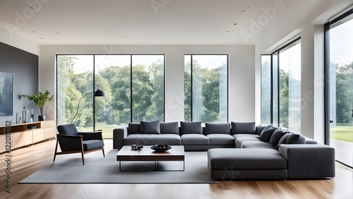 Modern gray sectional sofa in a bright, minimalist living room with large windows overlooking a lush green landscape.