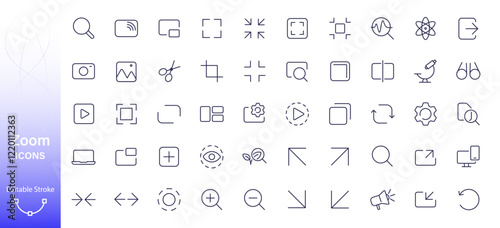 Zoom icon. Outline icon on the topic of screen zoom, magnifying glass, layout, zoom out, zoom in.