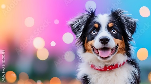 Happy Australian Shepherd Puppy Portrait with Festive Bokeh Lights