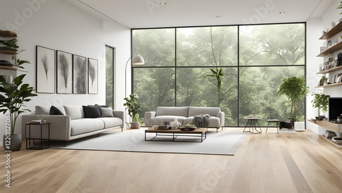Modern living room interior with light gray sofas, wood flooring, and floor-to-ceiling windows overlooking a lush green forest.