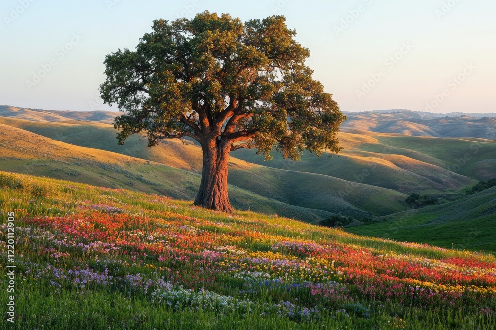 A stately oak tree in a wide, rolling meadow filled with patches of colorful wildflowers, gentle slopes, and warm evening light illuminating the peaceful countryside. A stately oak tree in a wide, rolling meadow filled with patches of colorful wildflowers, gentle slopes, and warm evening light illuminating the peaceful countryside.