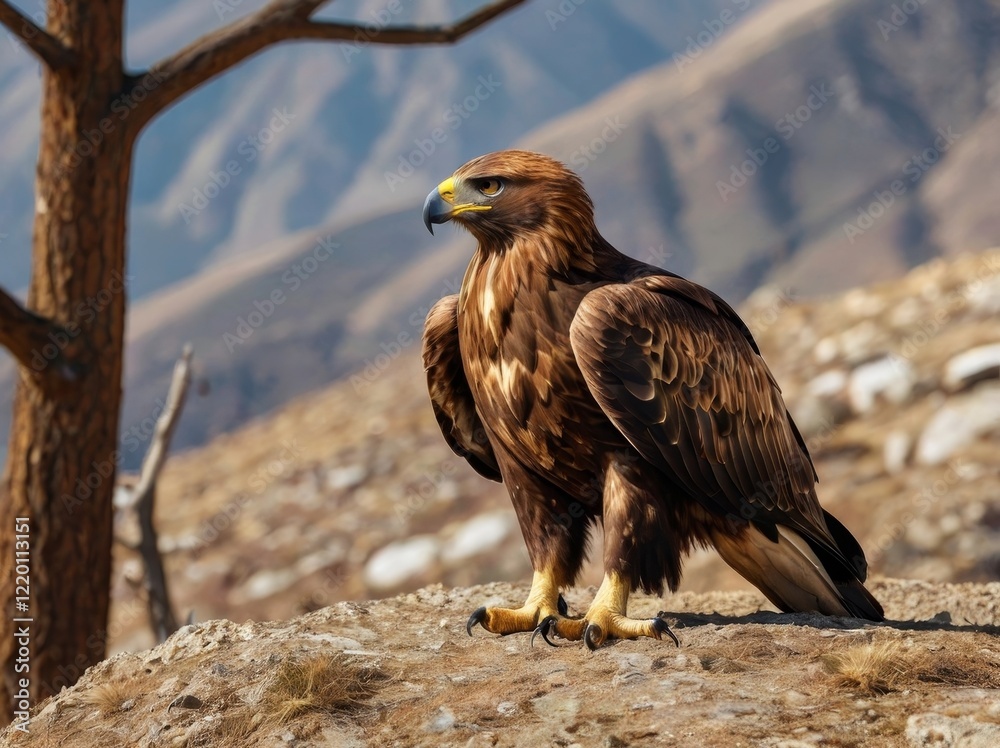 Fototapeta premium Golden Eagle With its golden-brown plumage and sharp eyes, the Golden Eagle is one of the most iconic and widespread raptors, often seen soaring gracefully over mountains and plains. Full body 