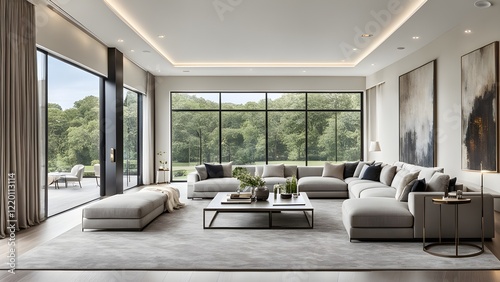 Luxurious modern living room with expansive windows overlooking a lush green landscape, featuring a large sectional sofa and minimalist decor.