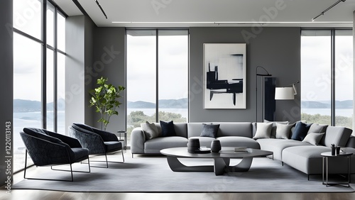 Modern grey living room interior with sectional sofa, armchairs, and ocean view.