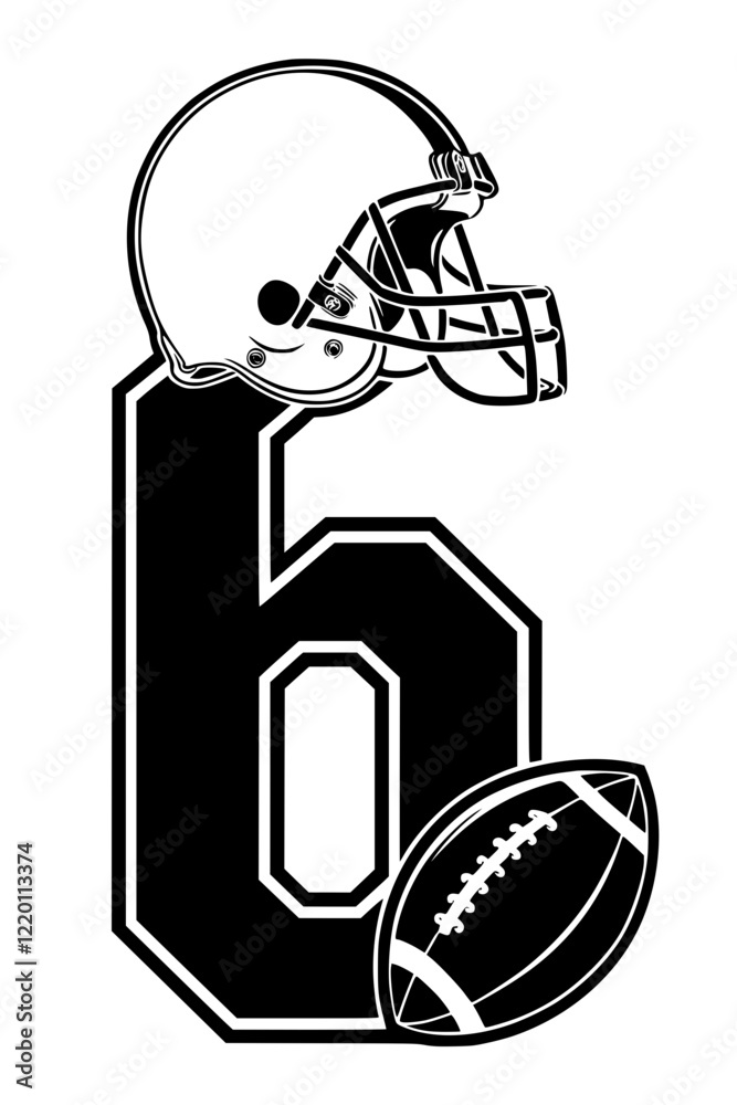 Football helmet and ball with number 6, Black and white sports-themed illustration featuring a football helmet and ball combined with the number 6, representing teamwork, strategy, and competition.
Football helmet and ball with number 6, Black and white sports-themed illustration featuring a football helmet and ball combined with the number 6, representing teamwork, strategy, and competition.