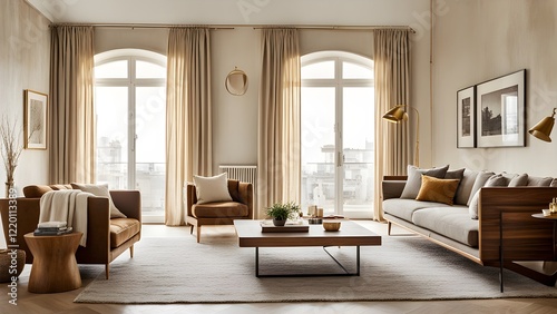 Stylish living room interior with beige curtains, a large light-grey sofa, and brown leather armchair, complemented by a modern coffee table and hardwood floors.