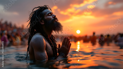 Indian Hindu sadhu taking holy bath in sacred river during Kumbh Mela religious gathering