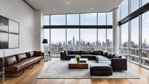 Modern living room with floor-to-ceiling windows offering stunning cityscape views, featuring a large L-shaped leather sectional sofa and contemporary decor.