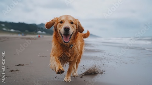 Happy Golden Retriever Running on Beach with Ocean Waves