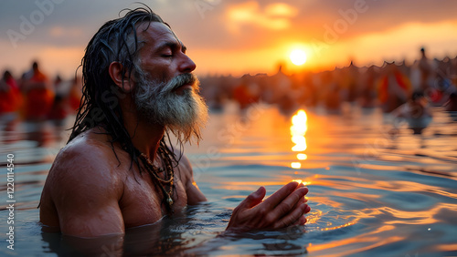 Indian Hindu sadhu taking holy bath in sacred river during Kumbh Mela religious gathering