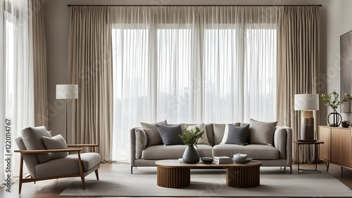 Modern living room interior with beige sofa, armchair, and coffee table, complemented by sheer and linen curtains, creating a serene and stylish atmosphere.
