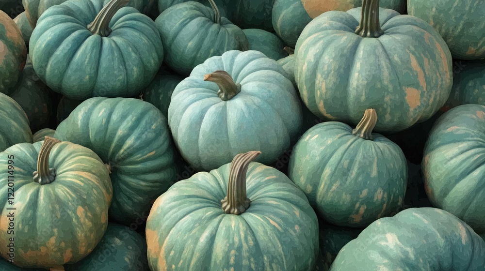 Pile of green pumpkins, arranged neatly together Pile of green pumpkins, arranged neatly together