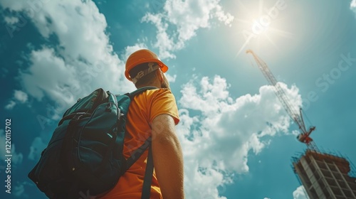 Construction worker gazing at a bright sunny sky