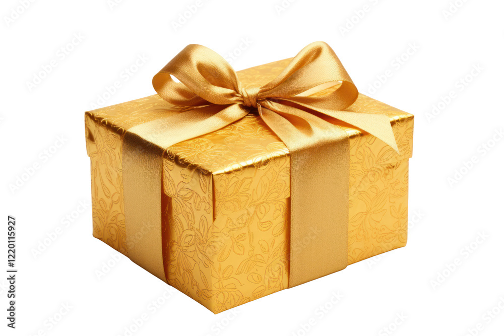 Obraz premium A vibrant golden gift box with an intricate bow tied at the top, adorned with delicate patterns and a shimmering finish. The box is placed in the center, showcasing its rich color and texture.