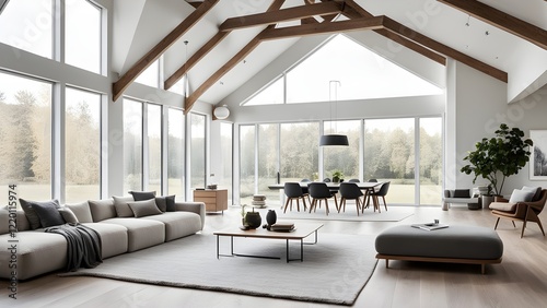 Modern minimalist living room with exposed wooden beams, large windows showcasing a tranquil landscape, and stylish gray furniture.