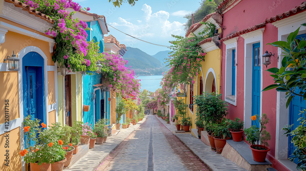 Naklejka premium For a relaxing spring trip, happy travelers explore the charming town. Spring flowers bloom along the streets, capturing the essence of tranquility and beauty in this rejuvenating season.