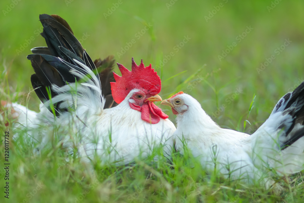 Fototapeta premium A pair of free-range Thai white-black tail bantam chickens in the grass field.