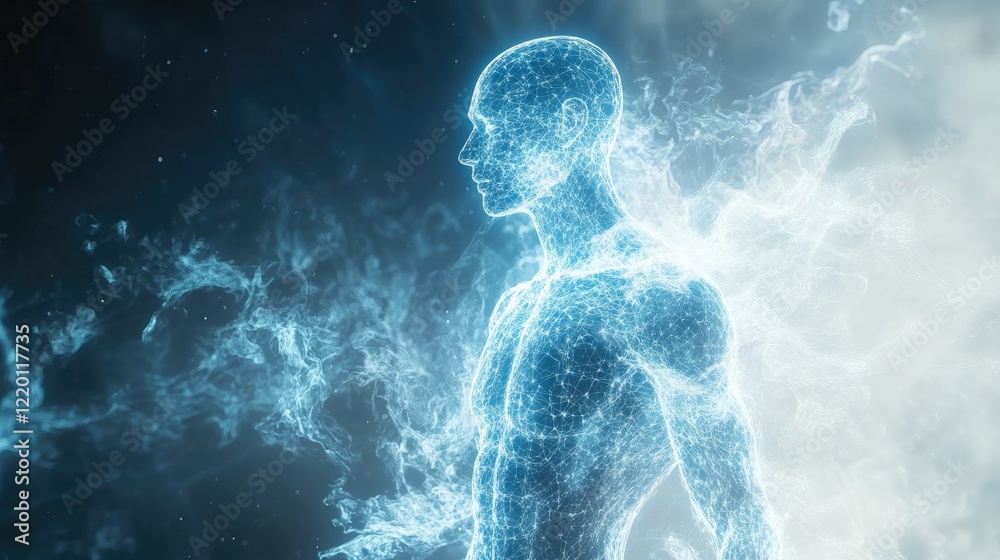 Digital Anatomy: A Crystalline Human Form Emerging from Ethereal Mist Digital Anatomy: A Crystalline Human Form Emerging from Ethereal Mist