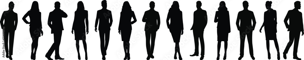 Silhouette of a Group of Business People, Men and Women, Standing in Professional Attire Silhouette of a Group of Business People, Men and Women, Standing in Professional Attire