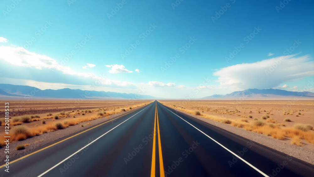 Fototapeta premium a long empty road stretching towards the horizon in a desert landscape.