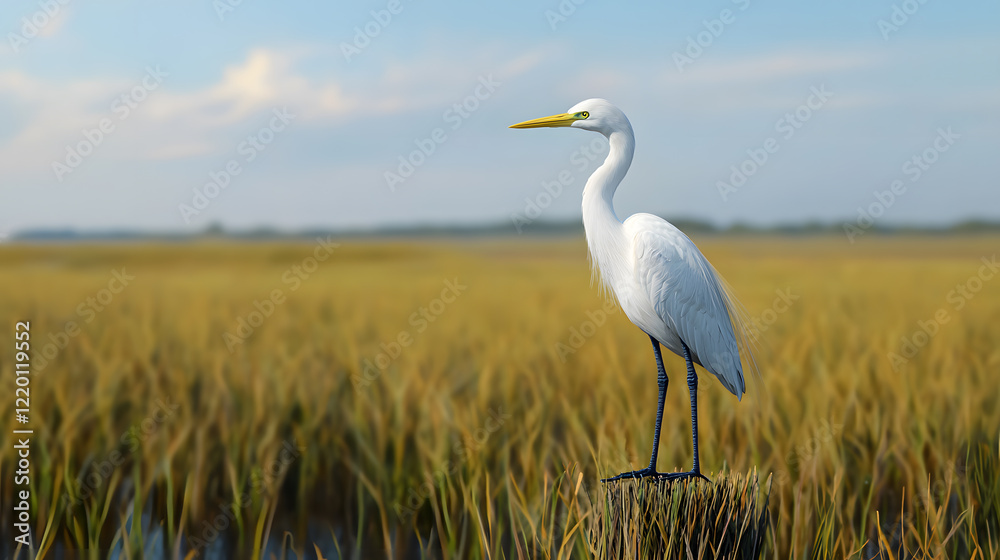 Elegant great egret standing in lush marshland wildlife photography natural habitat serene landscape view Elegant great egret standing in lush marshland wildlife photography natural habitat serene landscape view