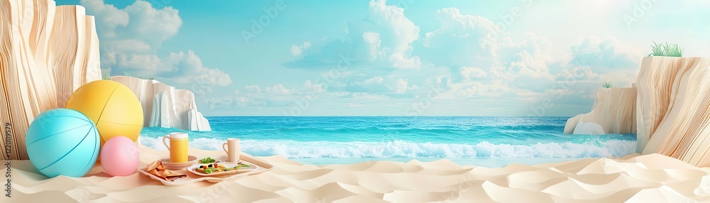 A picnic setup on the paper-cut sand, with cliffs and ocean waves in the background, 3D illustration A picnic setup on the paper-cut sand, with cliffs and ocean waves in the background, 3D illustration