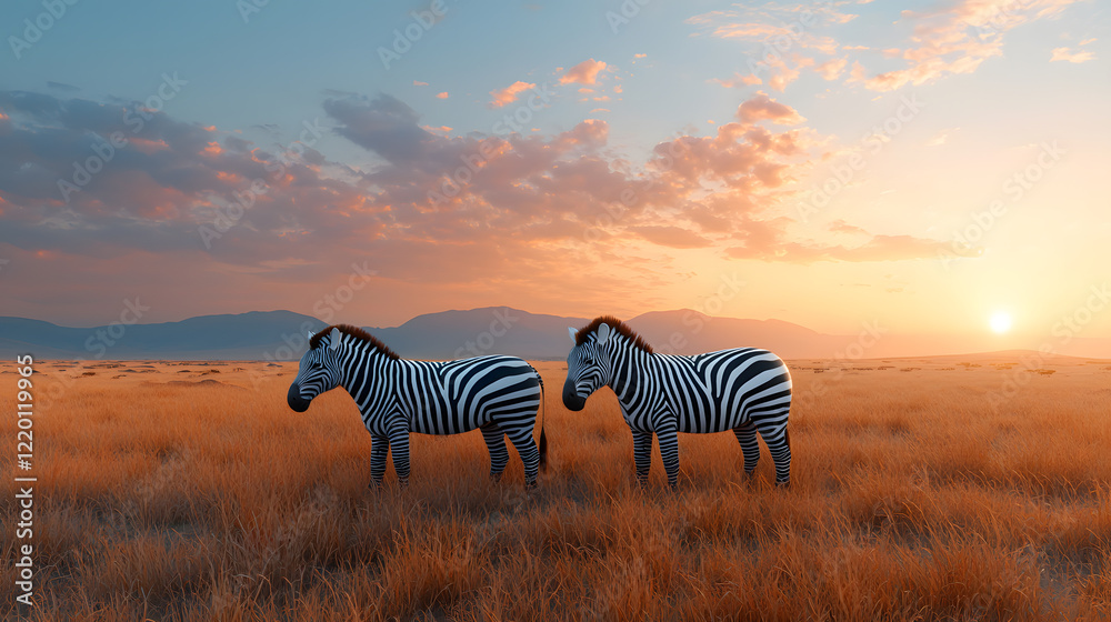 Obraz premium Zebras grazing at sunset in the serengeti wildlife photography natural landscape serene environment scenic view